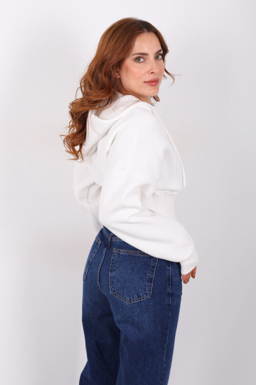 Korse Detaylı Fermuarlı Beyaz Kadın Sweat - 5