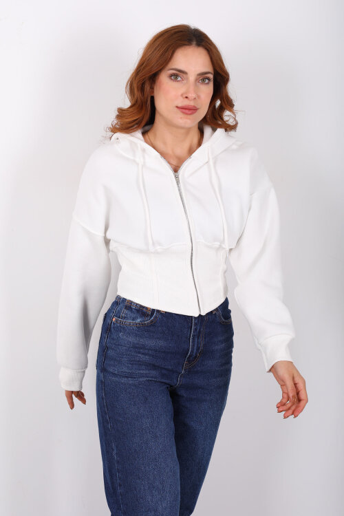 Korse Detaylı Fermuarlı Beyaz Kadın Sweat - 3