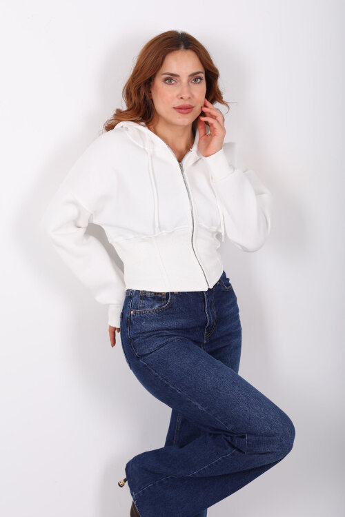 Korse Detaylı Fermuarlı Beyaz Kadın Sweat - Berox