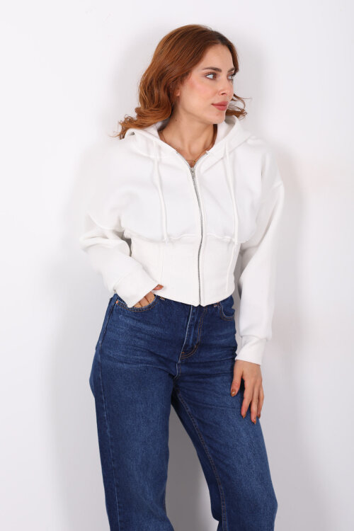 Korse Detaylı Fermuarlı Beyaz Kadın Sweat - 4