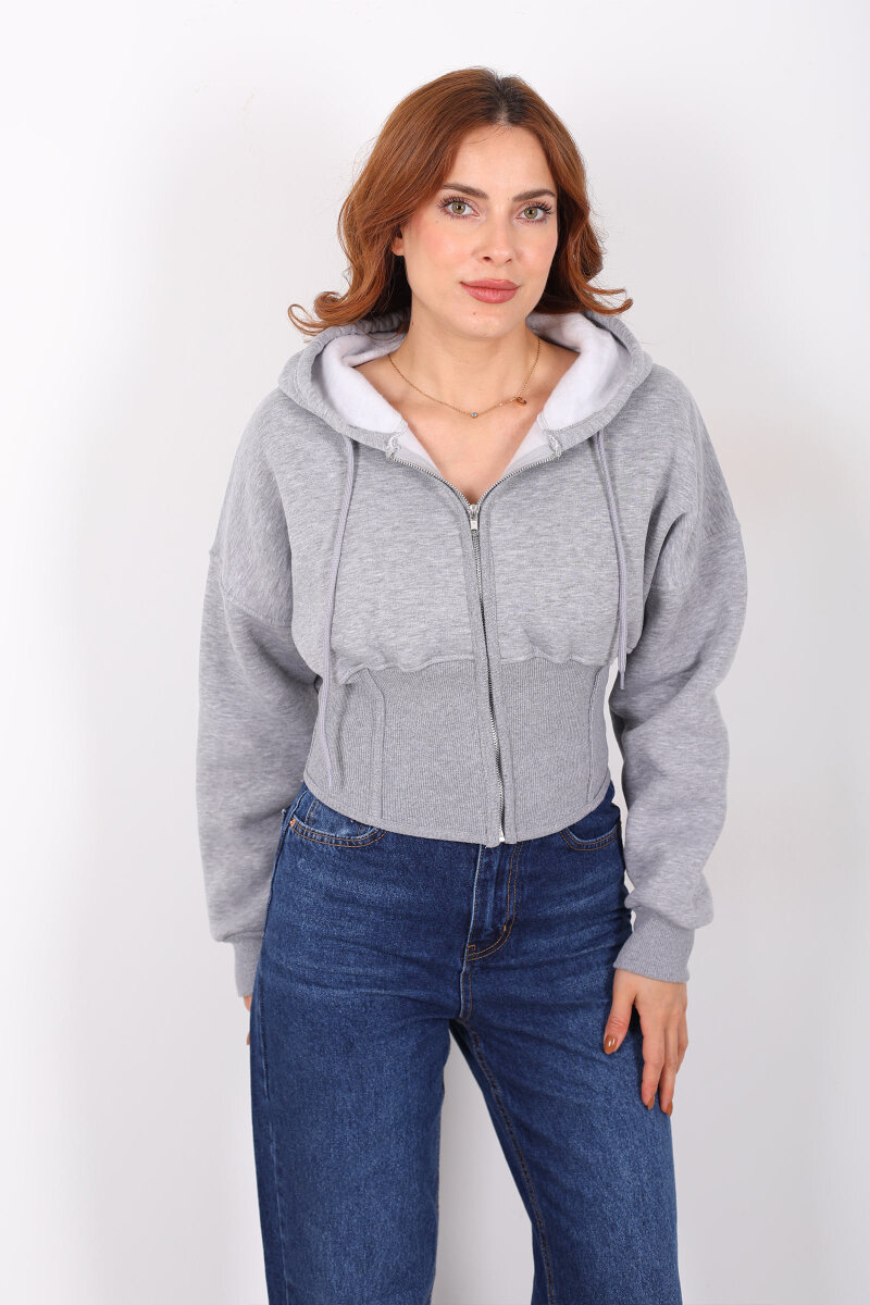 Korse Detaylı Fermuarlı Gri Melanj Kadın Sweat - 6