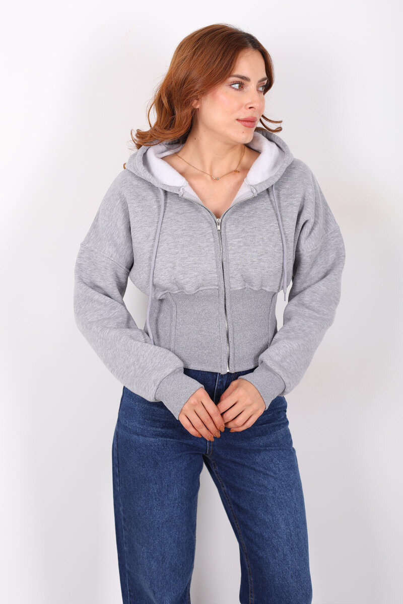 Korse Detaylı Fermuarlı Gri Melanj Kadın Sweat - 1