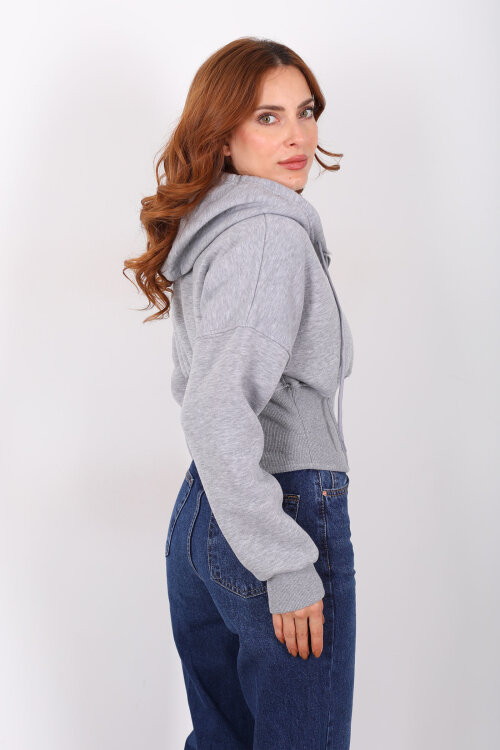 Korse Detaylı Fermuarlı Gri Melanj Kadın Sweat - 5