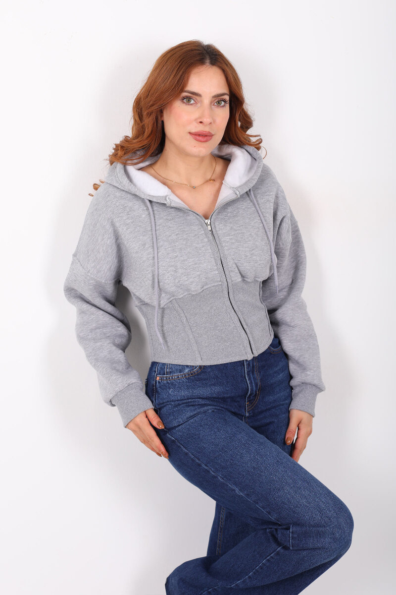 Korse Detaylı Fermuarlı Gri Melanj Kadın Sweat - 3