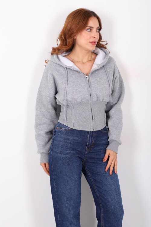 Korse Detaylı Fermuarlı Gri Melanj Kadın Sweat - 4