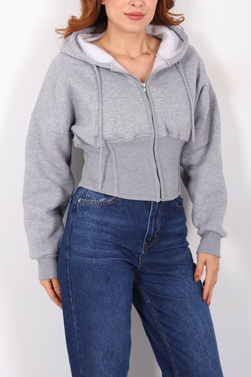 Korse Detaylı Fermuarlı Gri Melanj Kadın Sweat - 2