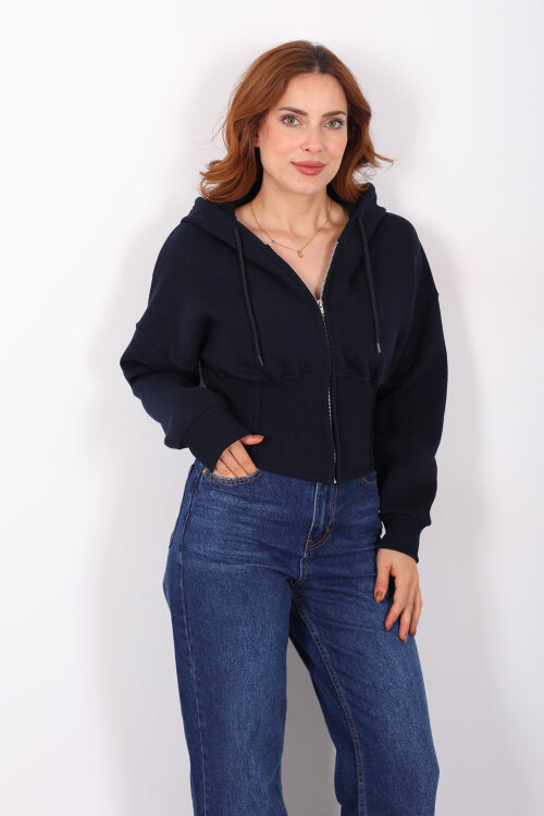 Korse Detaylı Fermuarlı Lacivert Kadın Sweat - Berox