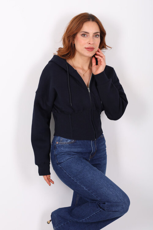 Korse Detaylı Fermuarlı Lacivert Kadın Sweat - 3