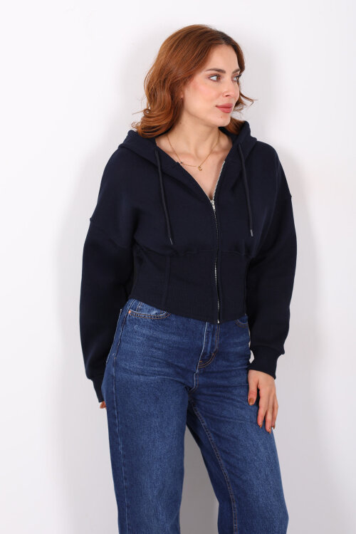 Korse Detaylı Fermuarlı Lacivert Kadın Sweat - 4