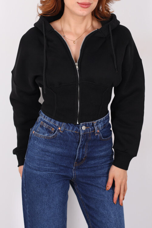 Korse Detaylı Fermuarlı Siyah Kadın Sweat - Berox (1)