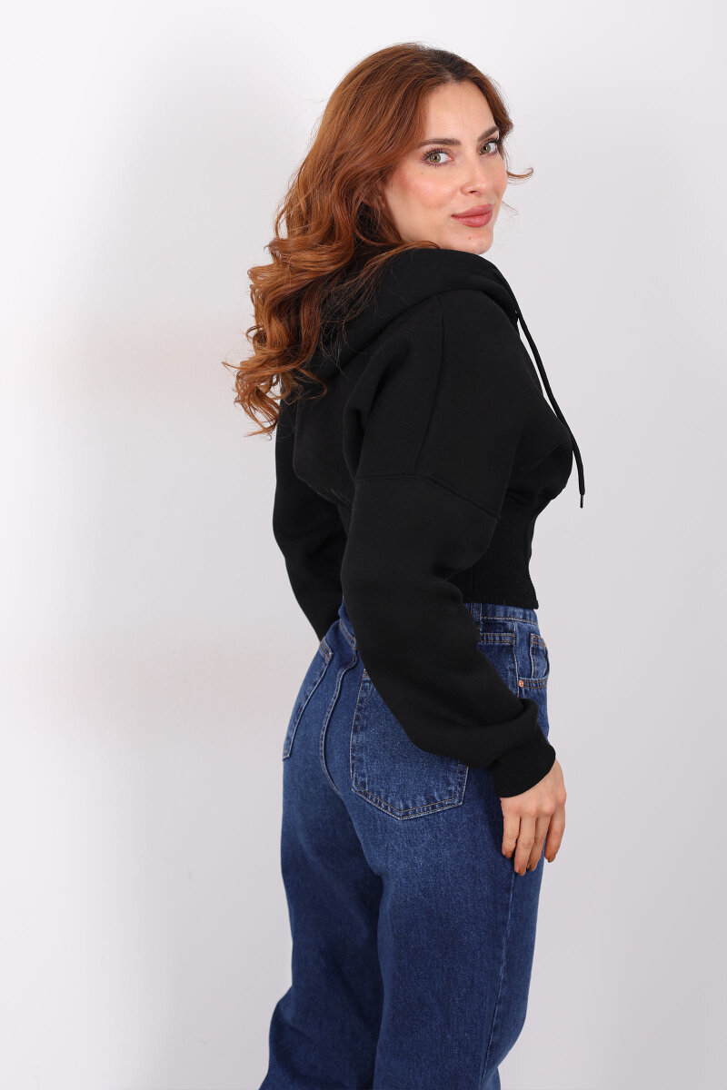 Korse Detaylı Fermuarlı Siyah Kadın Sweat - 5