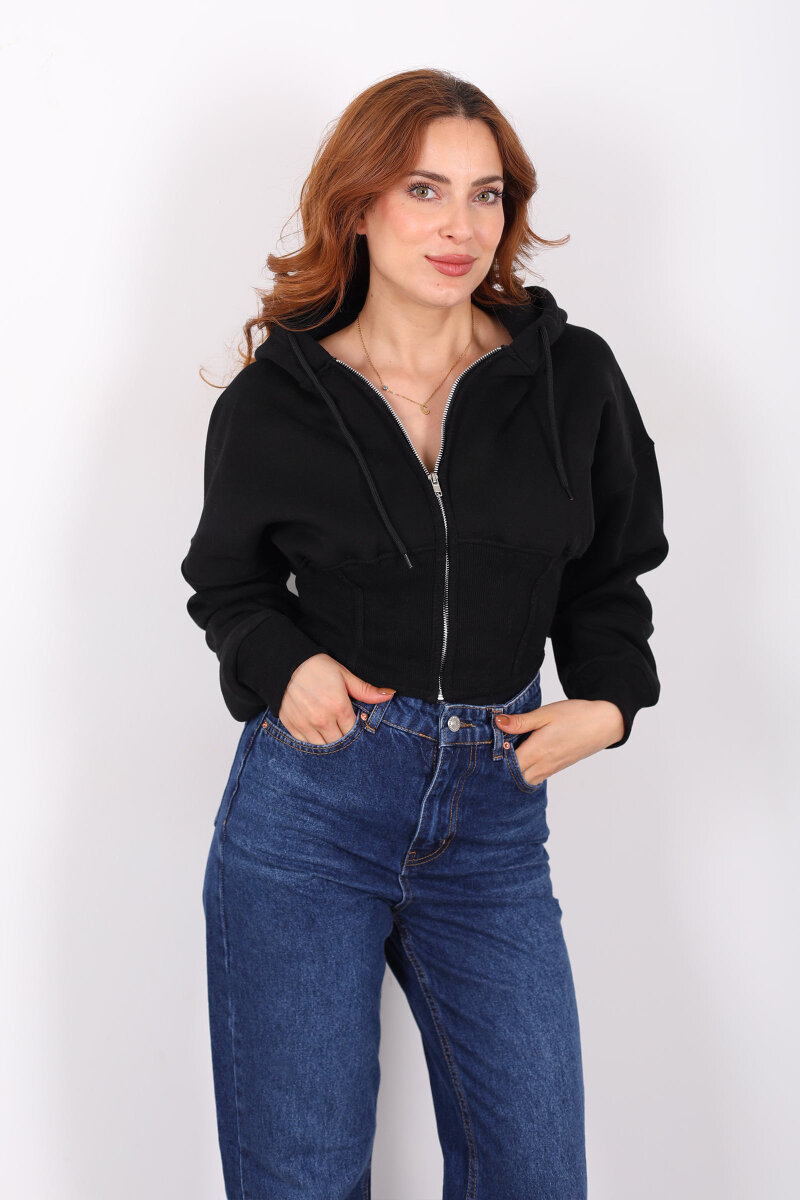 Korse Detaylı Fermuarlı Siyah Kadın Sweat - 3