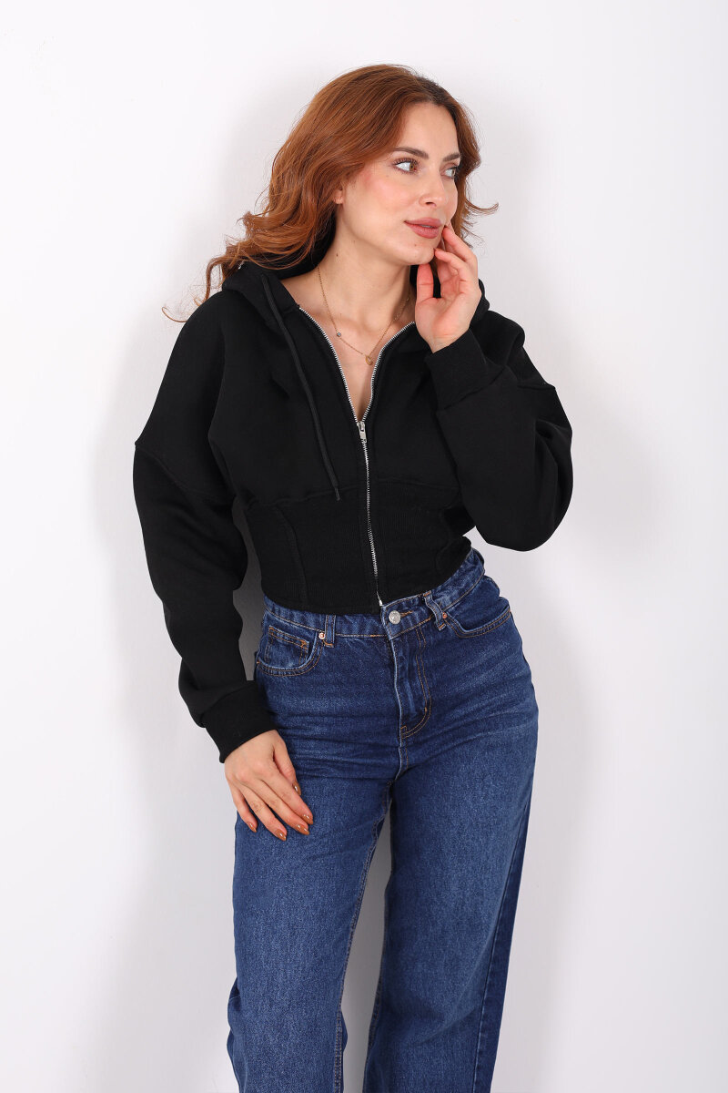 Korse Detaylı Fermuarlı Siyah Kadın Sweat - 1