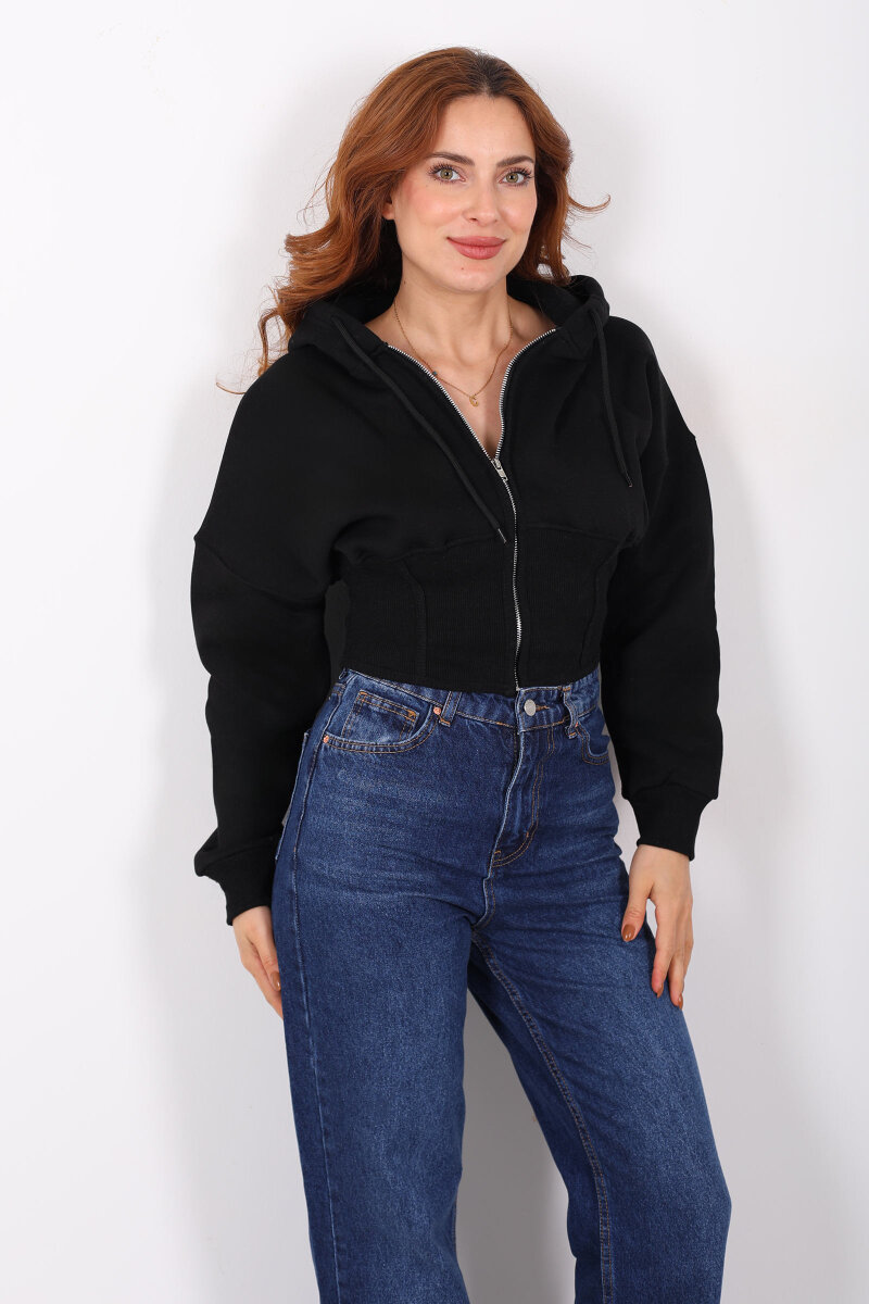Korse Detaylı Fermuarlı Siyah Kadın Sweat - 4