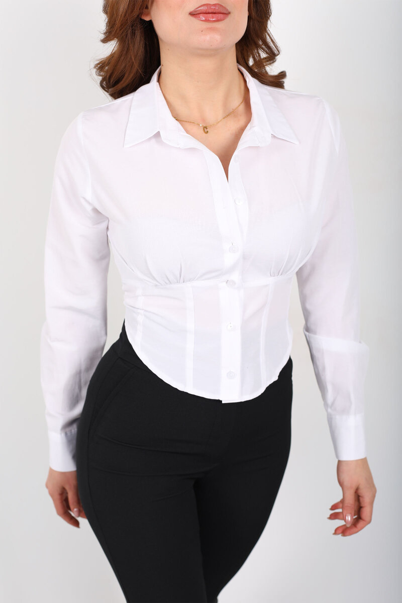 Korse Görüntülü Kadın Beyaz Crop Gömlek - 2