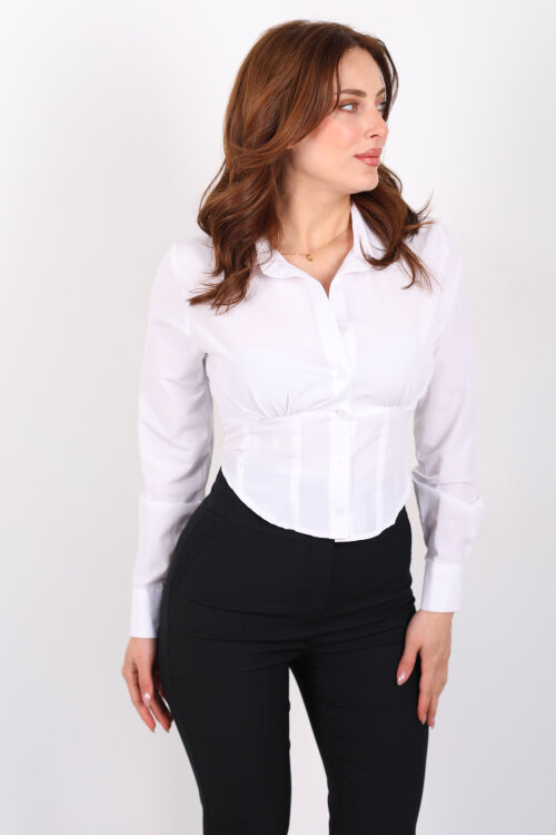 Korse Görüntülü Kadın Beyaz Crop Gömlek - 4