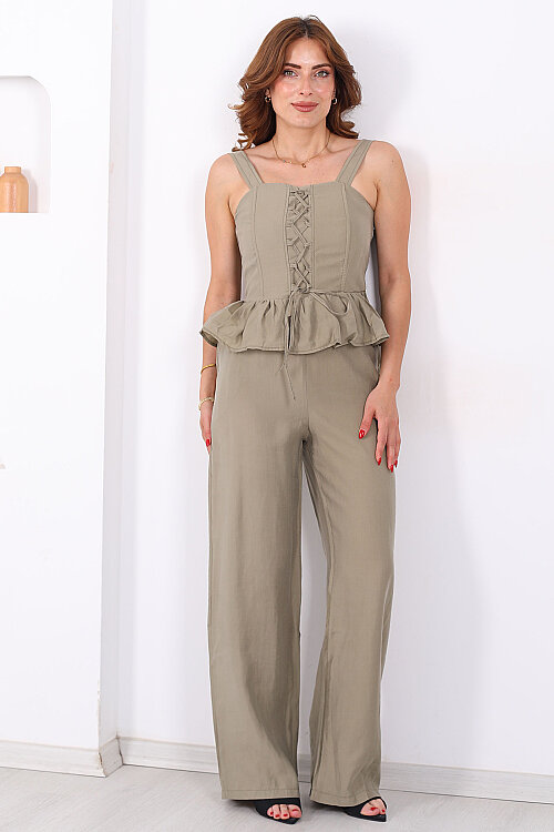 Korse Peplum Gipeli Bluz Pantolon Haki Kadın Takım - Berox