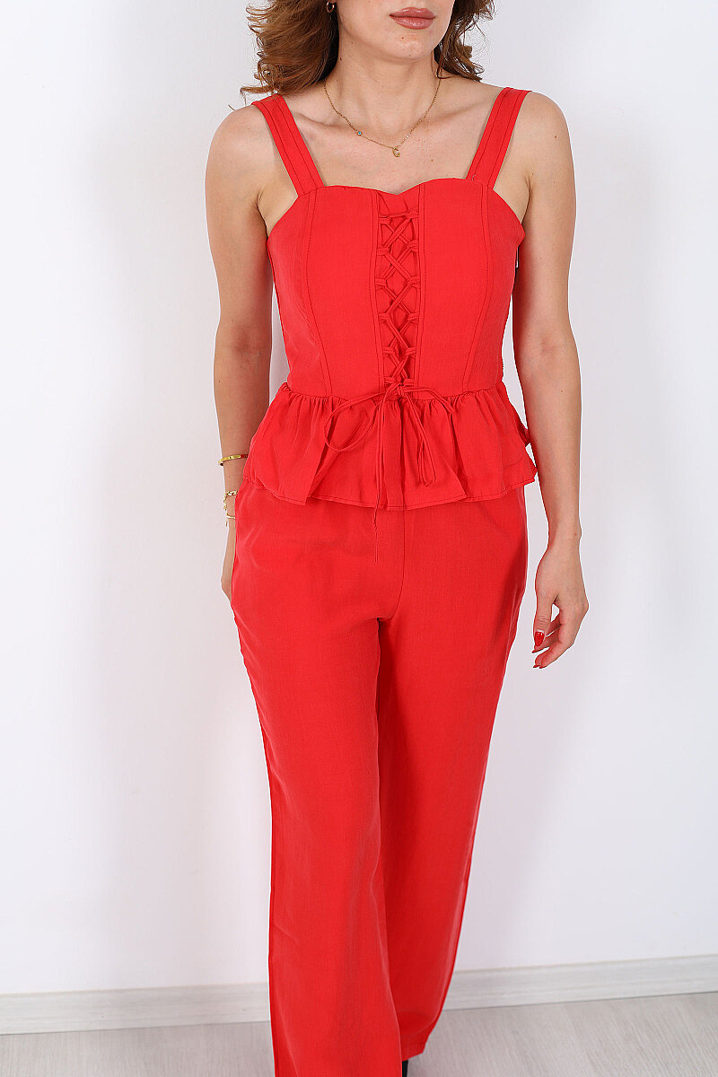 Korse Peplum Gipeli Bluz Pantolon Kırmızı Kadın Takım - 2