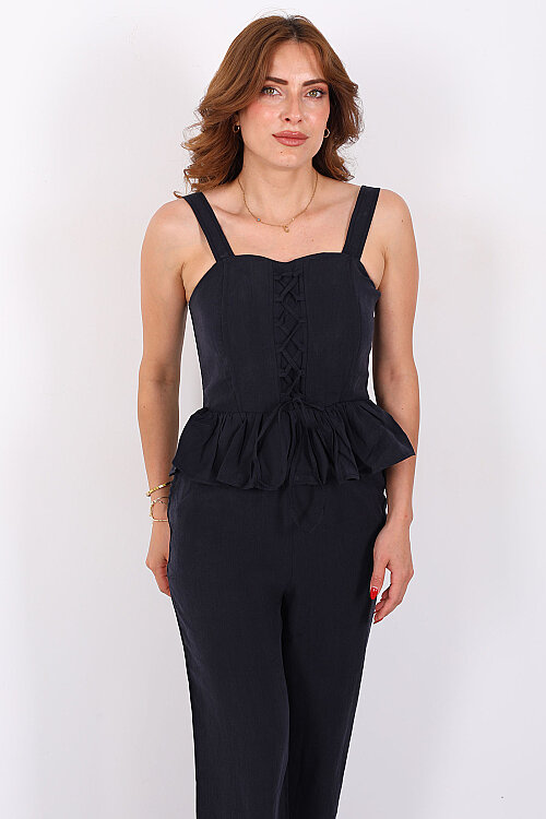 Korse Peplum Gipeli Bluz Pantolon Lacivert Kadın Takım - 4