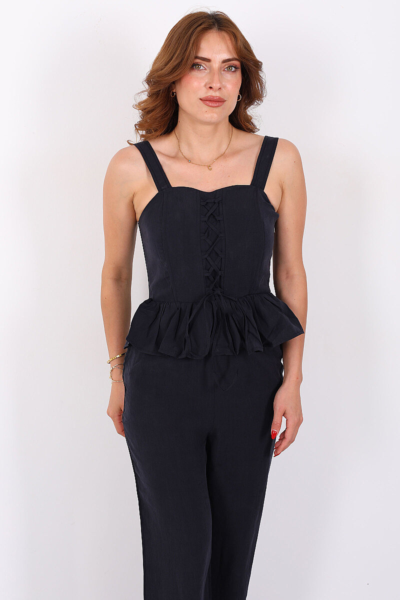 Korse Peplum Gipeli Bluz Pantolon Lacivert Kadın Takım - 4