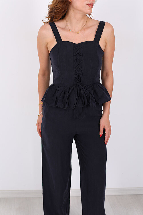 Korse Peplum Gipeli Bluz Pantolon Lacivert Kadın Takım - Berox (1)