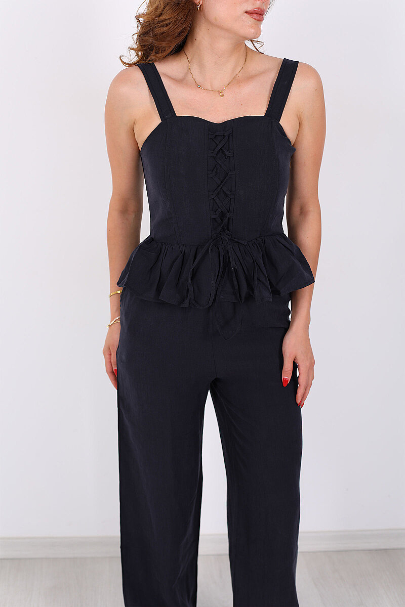 Korse Peplum Gipeli Bluz Pantolon Lacivert Kadın Takım - 2