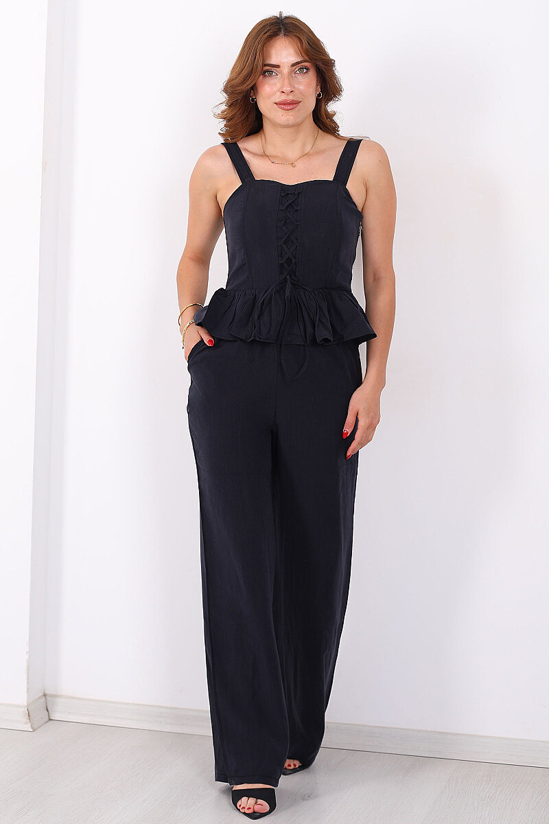 Korse Peplum Gipeli Bluz Pantolon Lacivert Kadın Takım - 3