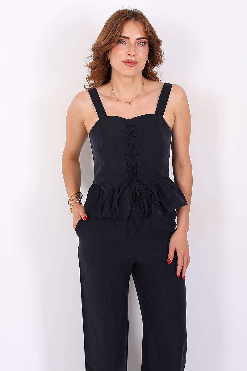 Korse Peplum Gipeli Bluz Pantolon Lacivert Kadın Takım - 6
