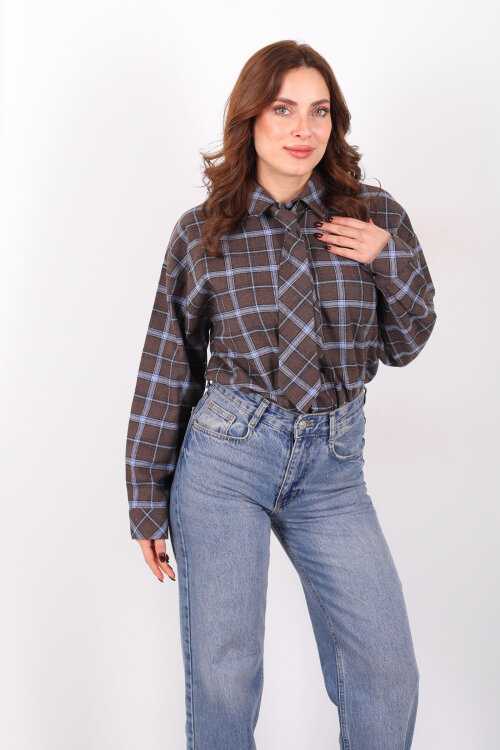 Kravatlı Ekose Kahverengi Kadın Gömlek - 6