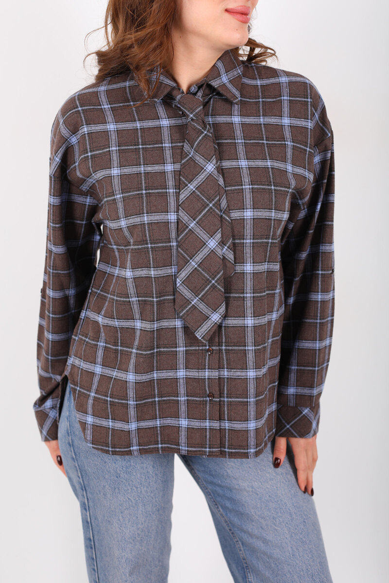 Kravatlı Ekose Kahverengi Kadın Gömlek - 2