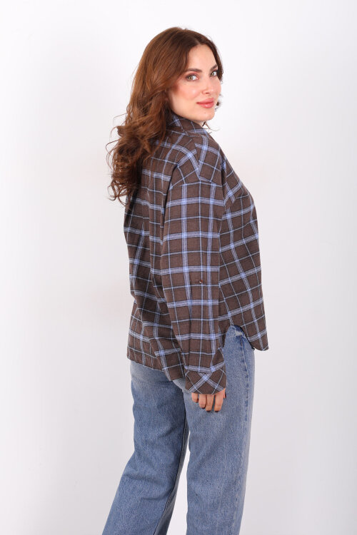 Kravatlı Ekose Kahverengi Kadın Gömlek - 5