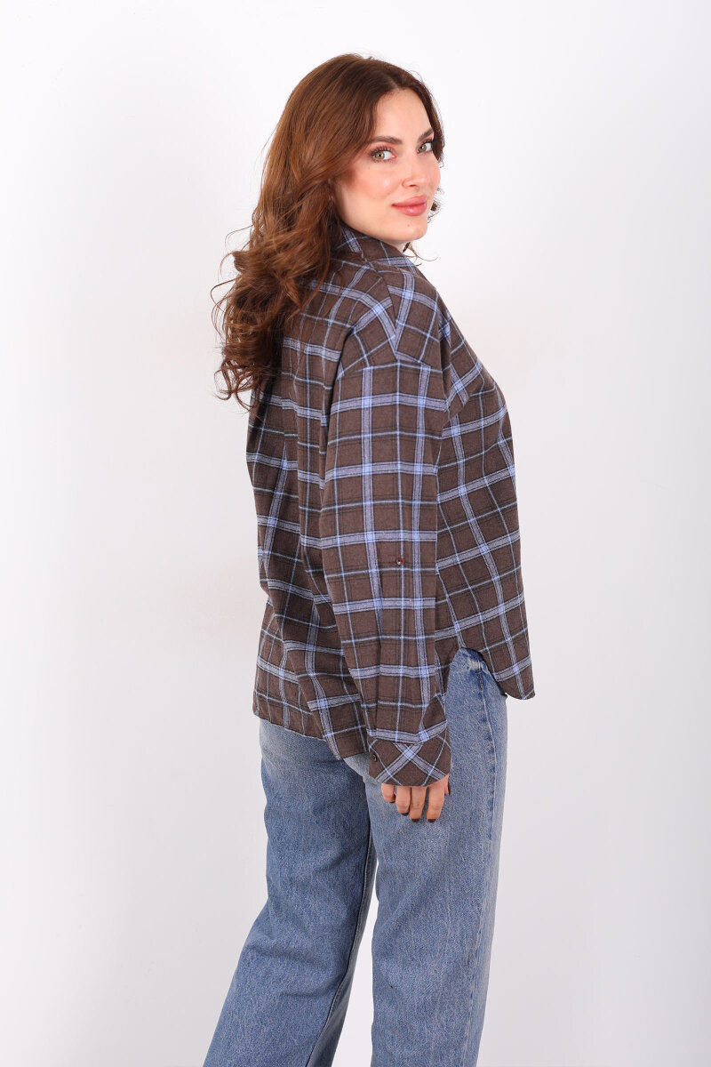 Kravatlı Ekose Kahverengi Kadın Gömlek - 5