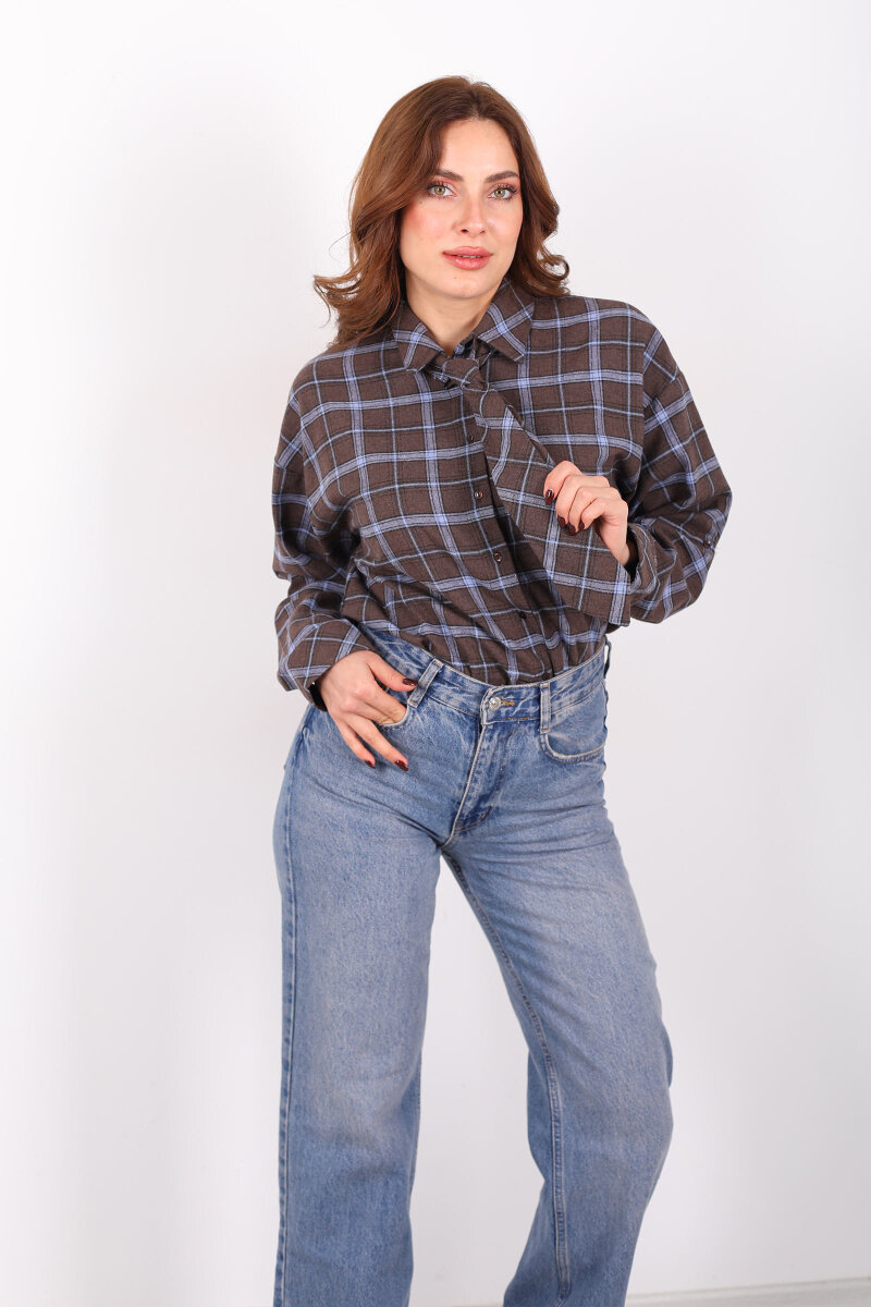 Kravatlı Ekose Kahverengi Kadın Gömlek - 1
