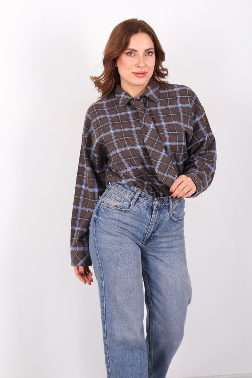 Kravatlı Ekose Kahverengi Kadın Gömlek - 4