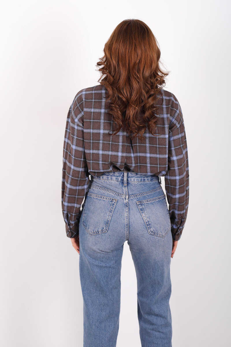 Kravatlı Ekose Kahverengi Kadın Gömlek - 7