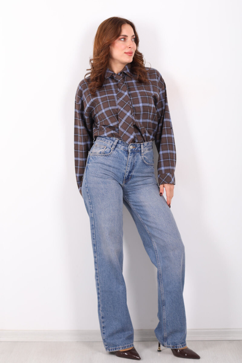 Kravatlı Ekose Kahverengi Kadın Gömlek - 3