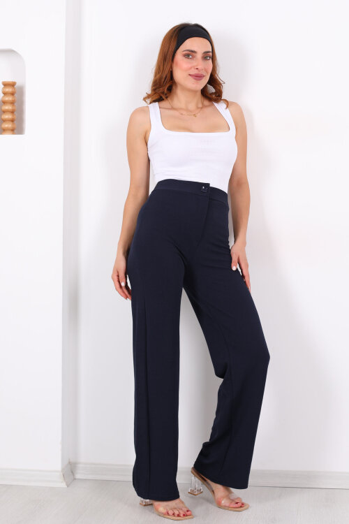 Krep Kadın Palazzo Lacivert Pantolon 