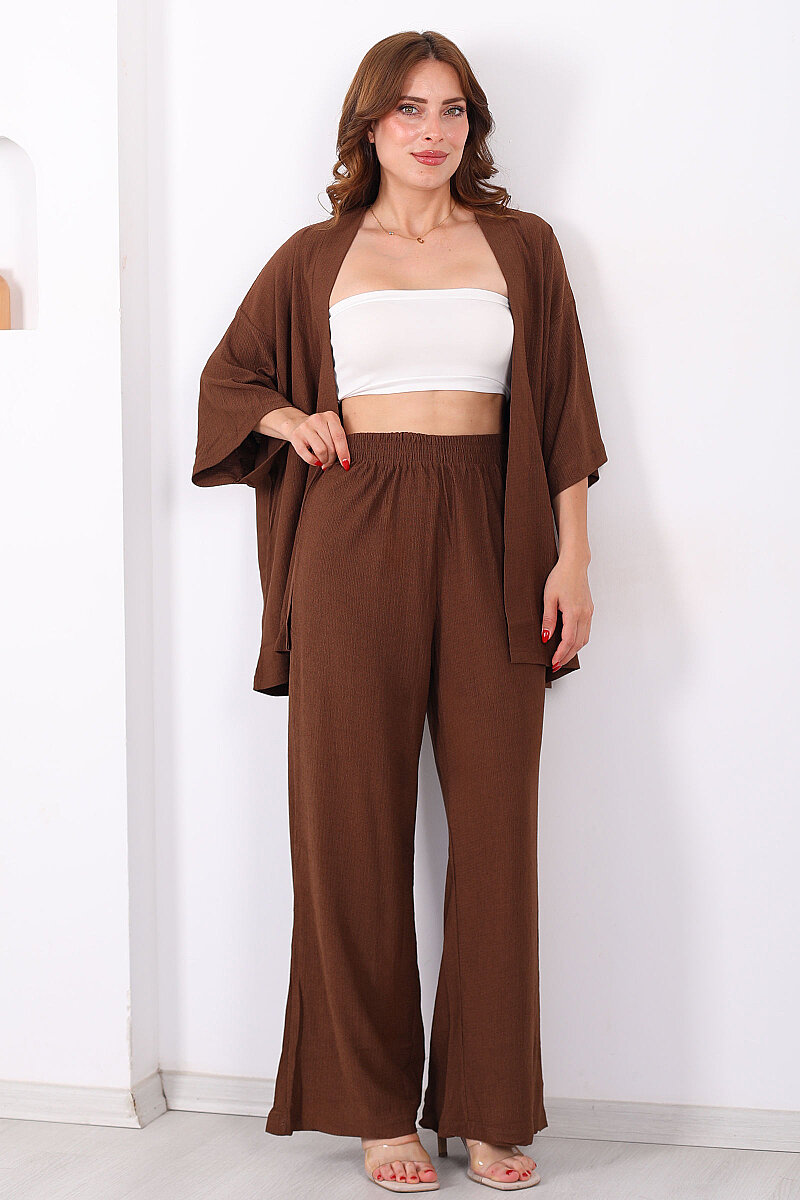 Krep Kumaş Acı Kahve Kadın Kimono Takım - 1