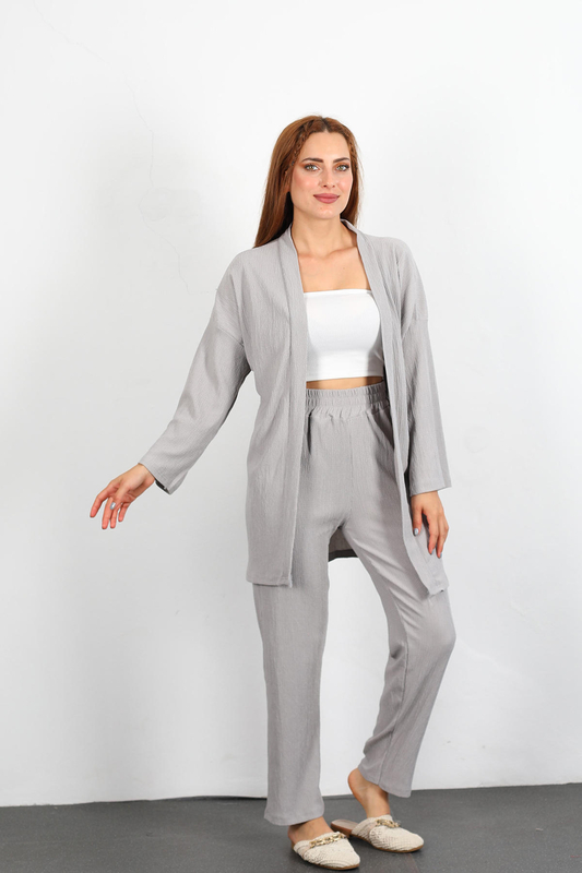 Krep Kumaş Gri Kadın Kimono Takım - 5