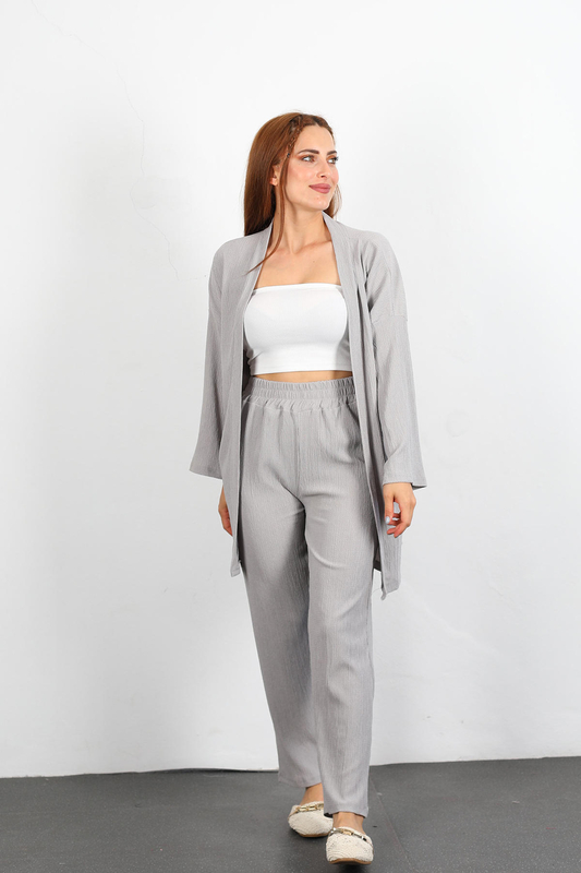 Krep Kumaş Gri Kadın Kimono Takım - 1