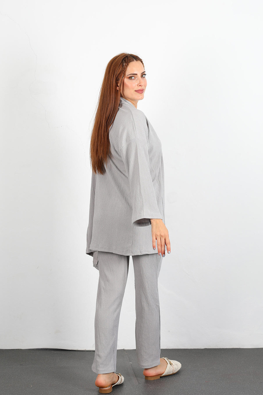 Krep Kumaş Gri Kadın Kimono Takım - 6