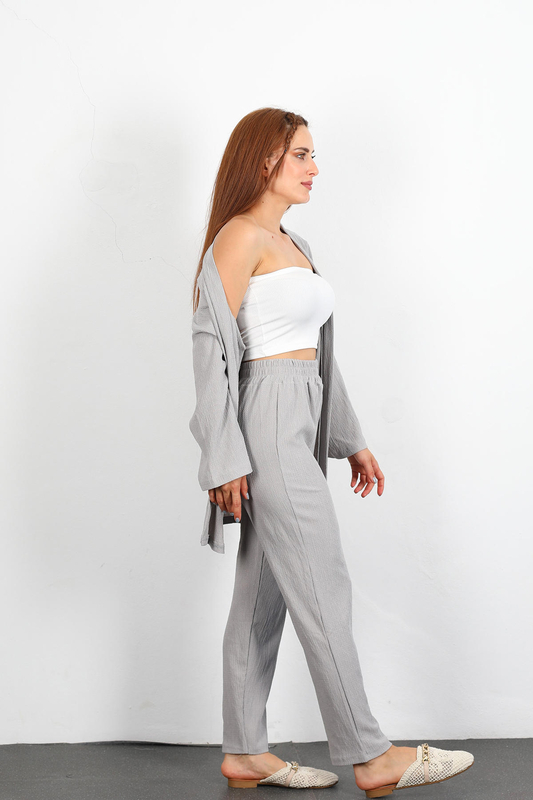 Krep Kumaş Gri Kadın Kimono Takım - 3