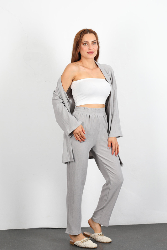 Krep Kumaş Gri Kadın Kimono Takım - 2