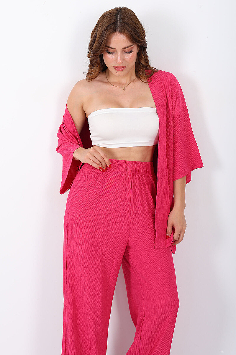 Krep Kumaş Pembe Kadın Kimono Takım - 1