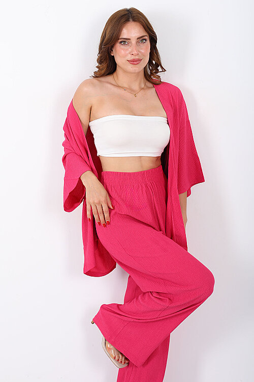 Krep Kumaş Pembe Kadın Kimono Takım - 4