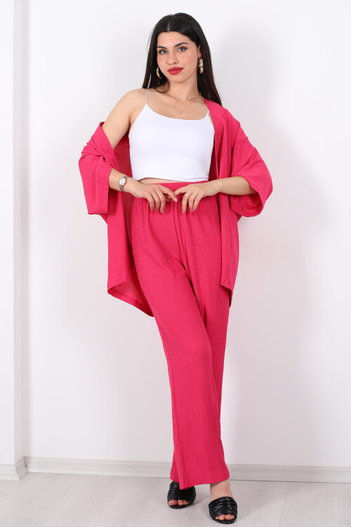 Krep Kumaş Pembe Kadın Kimono Takım - 3