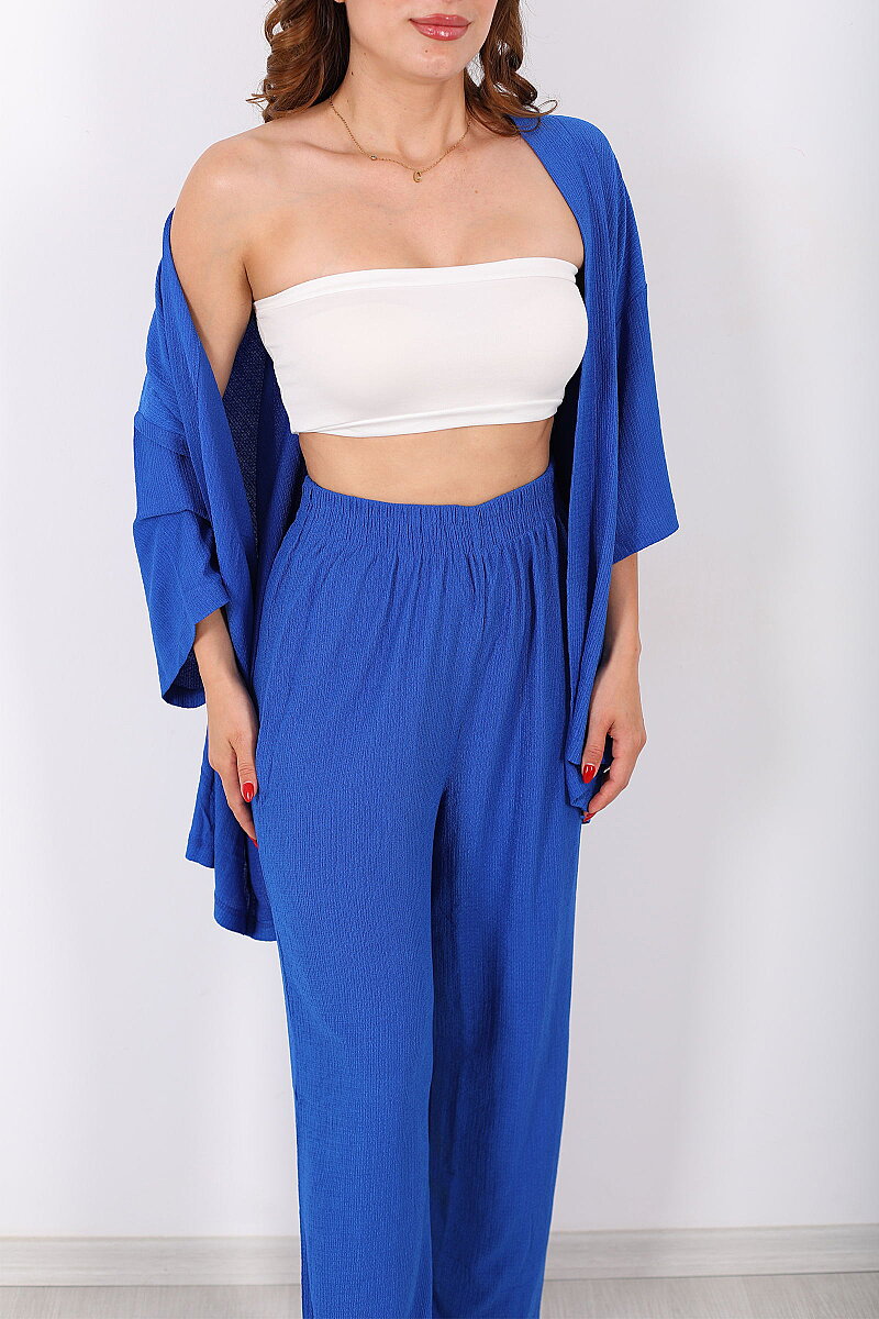 Krep Kumaş Saks Mavisi Kadın Kimono Takım - 2