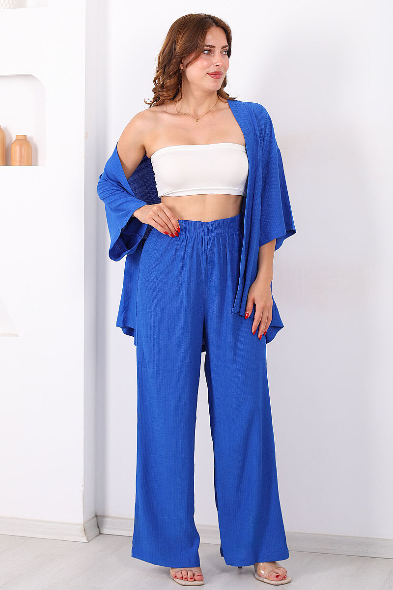 Krep Kumaş Saks Mavisi Kadın Kimono Takım - 6