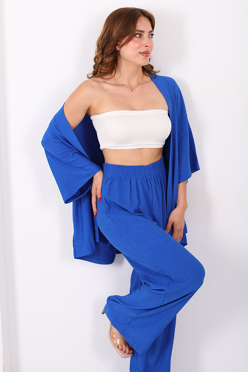 Krep Kumaş Saks Mavisi Kadın Kimono Takım - 1