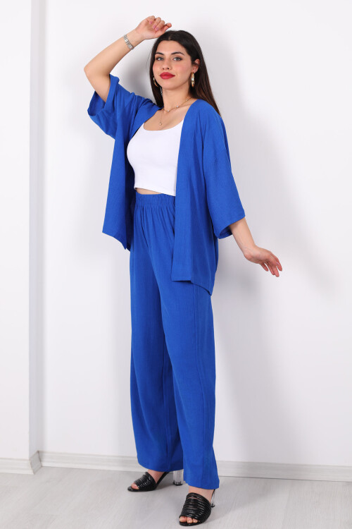 Krep Kumaş Saks Mavisi Kadın Kimono Takım 